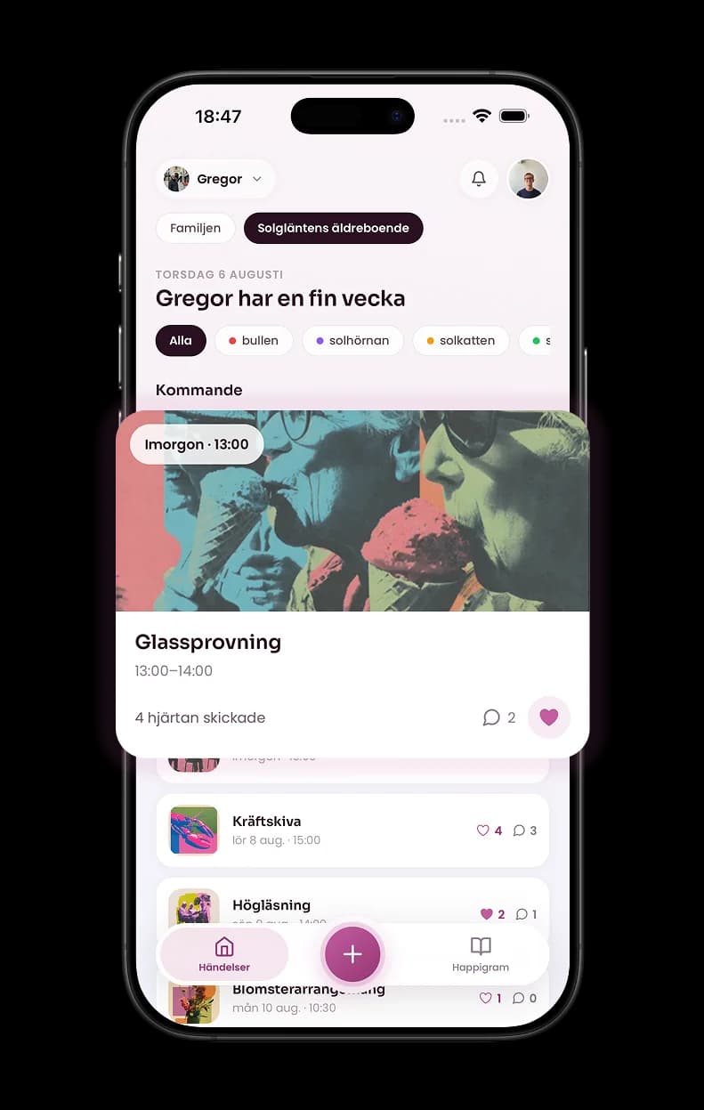 Happihem-appen visar kommande aktiviteter på omsorgsboendet, som glassprovning och kräftskiva