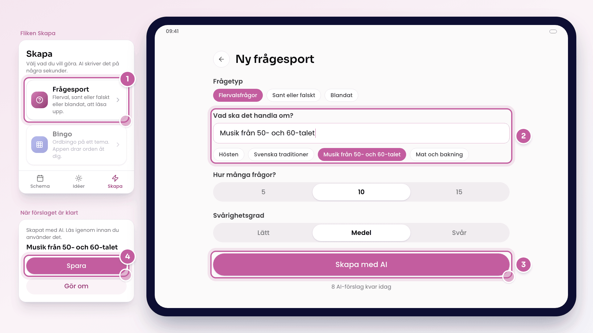 Skiss av formuläret Ny frågesport i appen på en surfplatta, med temat ifyllt och knappen Skapa med AI, och bredvid fliken Skapa och resultatet med knappen Spara.