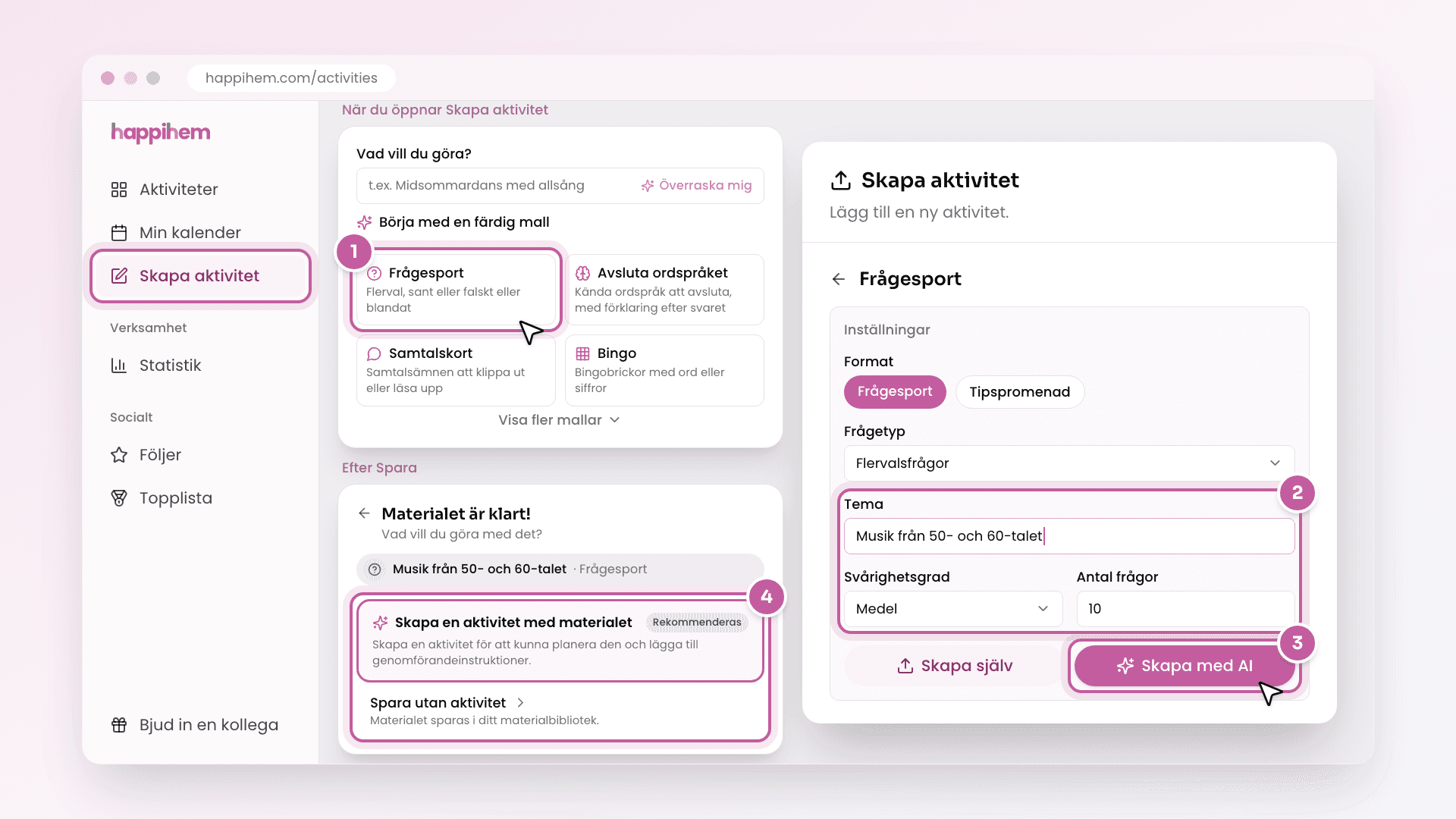 Skiss av rutan Skapa aktivitet på webben med inställningarna för Frågesport, där Tema, Svårighetsgrad och Antal frågor är ifyllda, och knappen Skapa med AI. Bredvid visas mallvalet med Frågesport och steget Materialet är klart! med valen Skapa en aktivitet med materialet och Spara utan aktivitet.