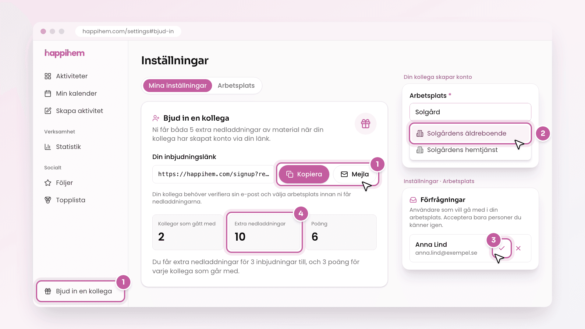 Skiss av kortet Bjud in en kollega under Inställningar med inbjudningslänken och knapparna Kopiera och Mejla, bredvid kollegans val av arbetsplats och kortet Förfrågningar där knappen Acceptera är markerad.
