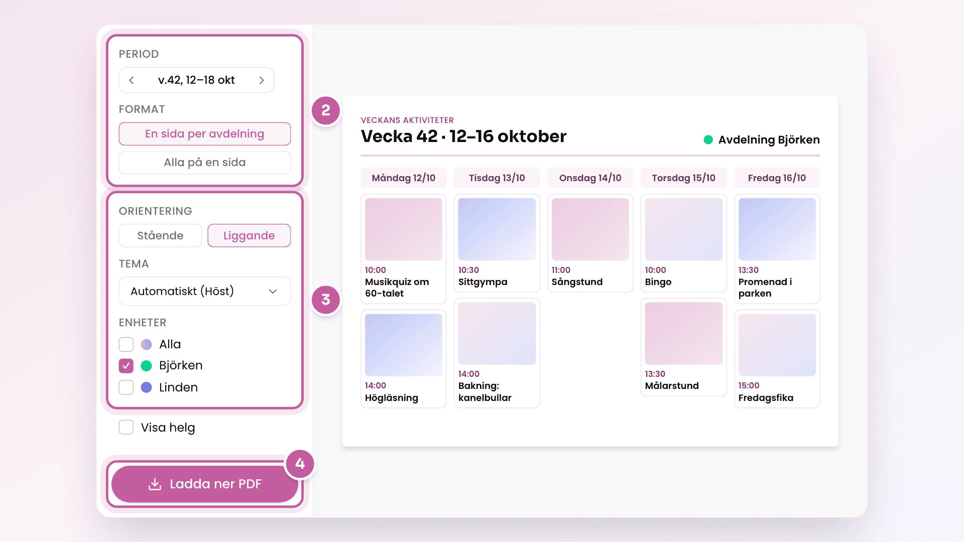 Skiss av rutan för att skriva ut veckokalendern, med vald vecka, format, orientering, tema och enheter till vänster, knappen Ladda ner PDF och en liggande förhandsvisning av veckan.
