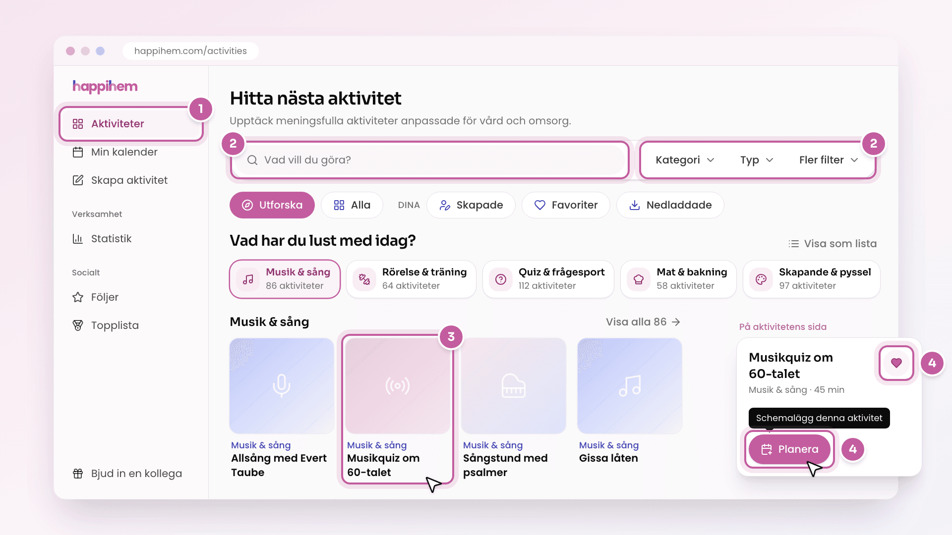 Skiss av aktivitetsbiblioteket på webben med sökfältet Vad vill du göra, filtren Kategori, Typ och Fler filter, kategoriplattor och en rad med aktivitetskort, och en aktivitetssida med hjärtat och knappen Planera.