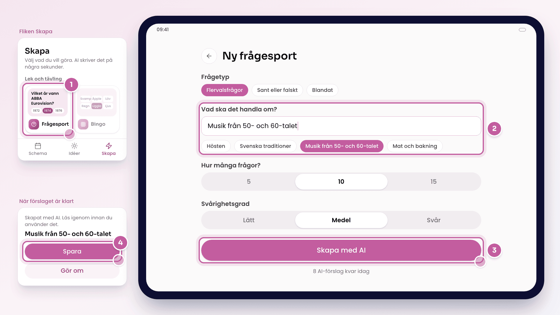 Skiss av formuläret Ny frågesport i appen på en surfplatta, med temat ifyllt och knappen Skapa med AI, och bredvid fliken Skapa och resultatet med knappen Spara.