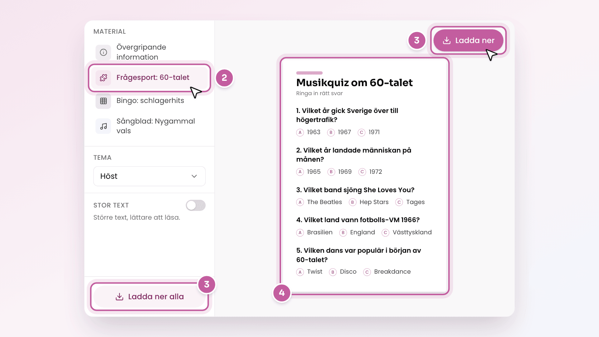 Skiss av utskriftsrutan med frågesporten vald i listan till vänster, Tema och Stor text under den, knapparna Ladda ner och Ladda ner alla och frågesporten på A4 i förhandsvisningen.