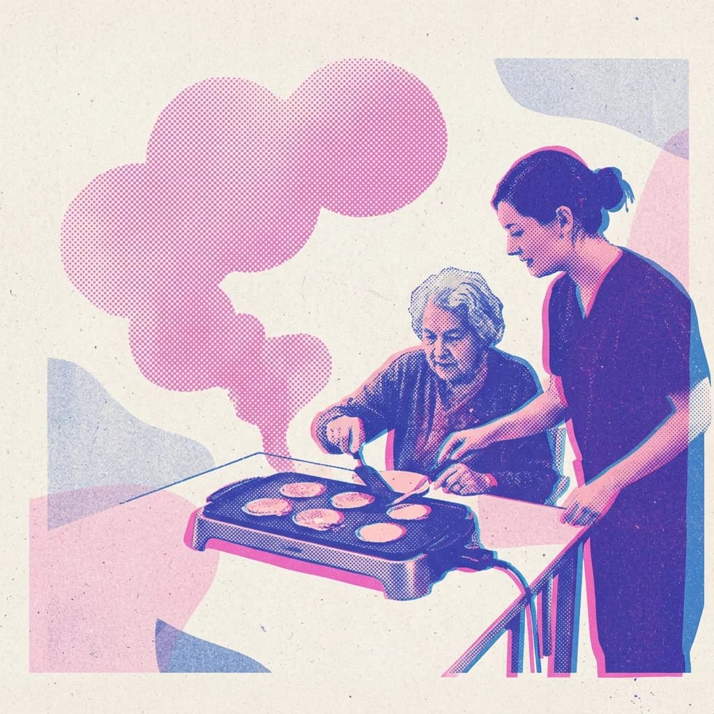 Steka plättar vid bordet